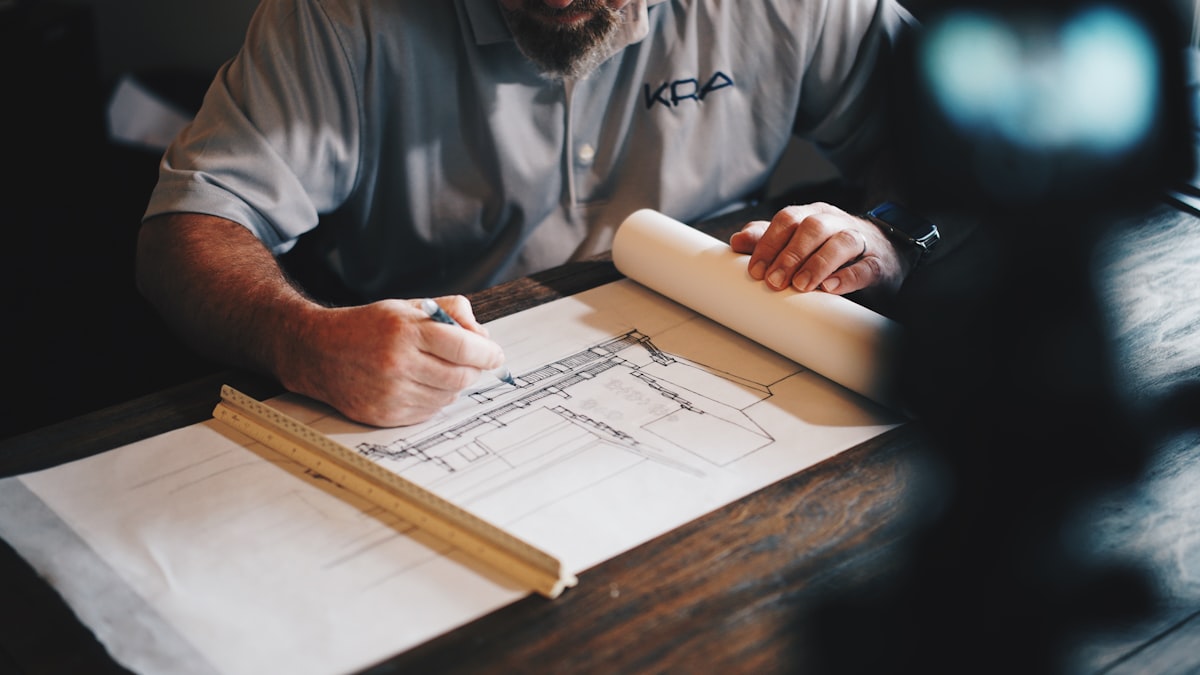 Construction professional reviewing blueprints